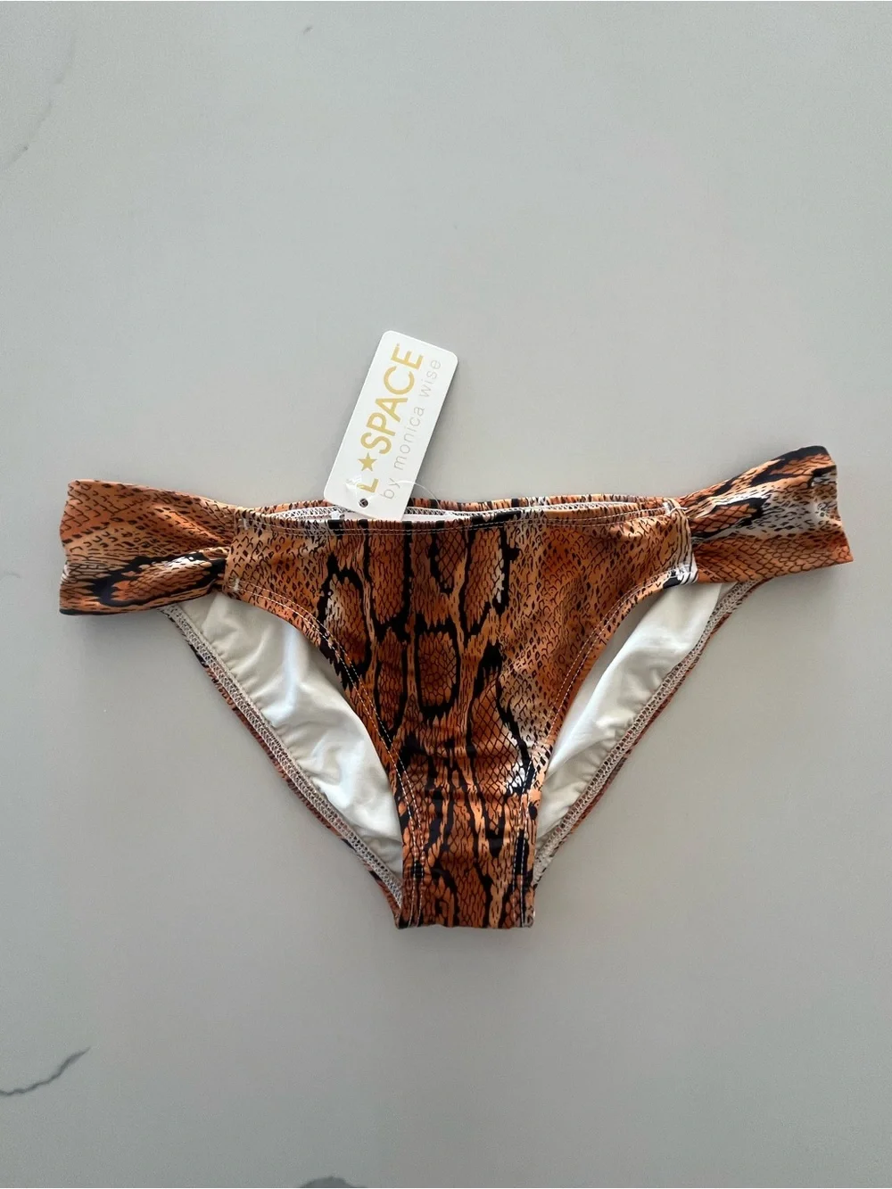 L*Space Monica Wise Snake Print Ruched Side Foxy Tab Bikini Bottoms Size Medium